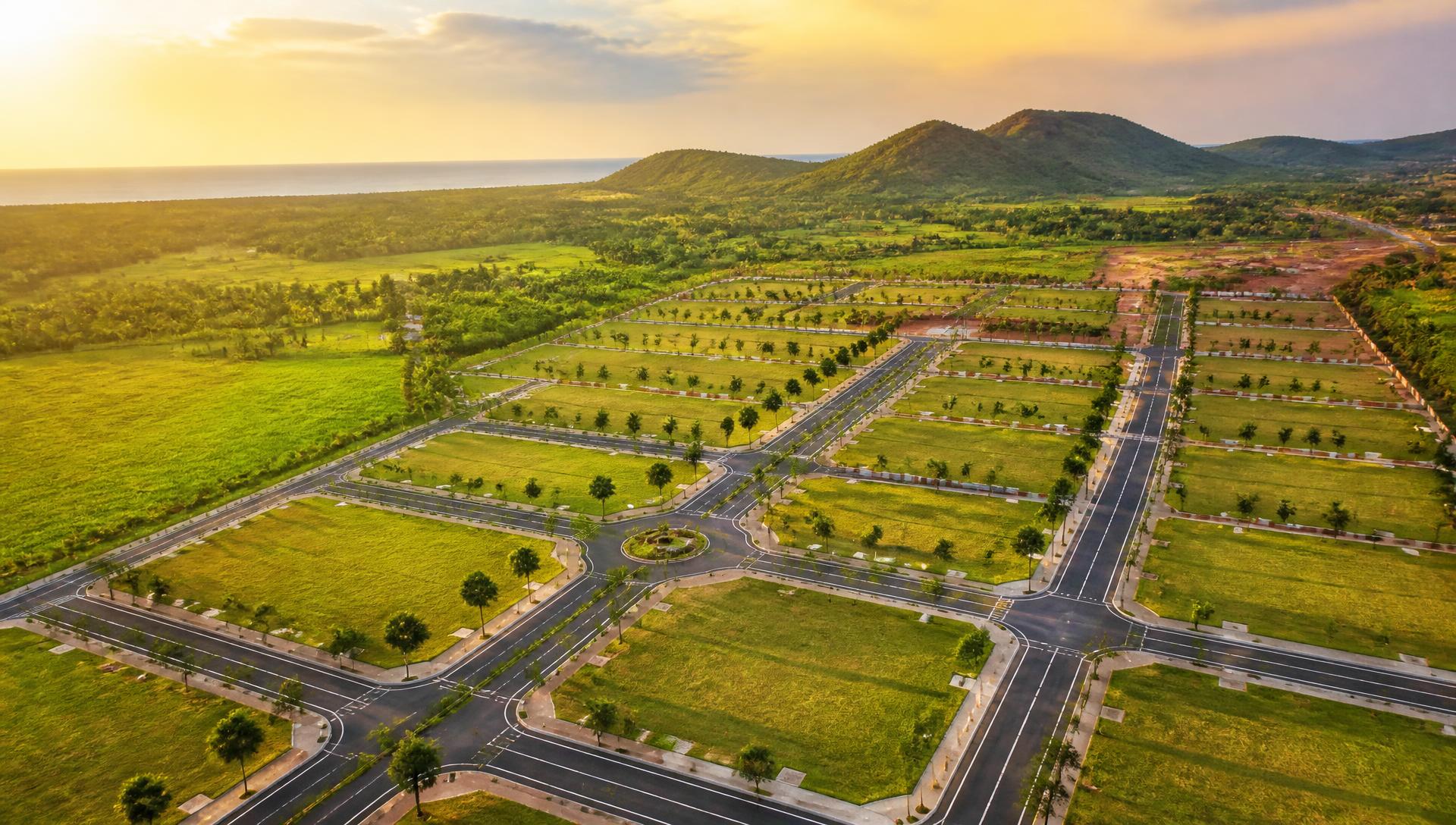 Aerial view of a planned residential land layout with roads and avenue plantation